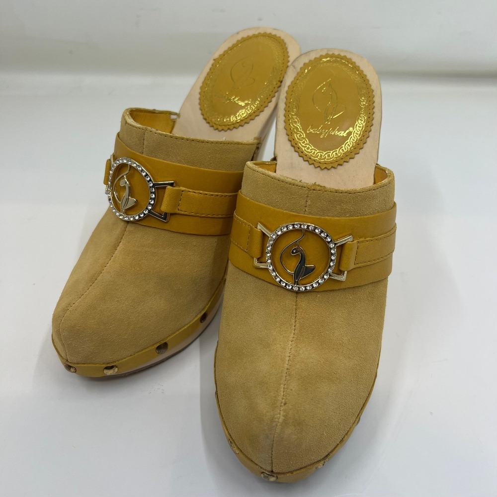 Baby Phat Christie A Clog Womens 9 Saffron Yellow Suede Y2K Wood Heel Rhinestone